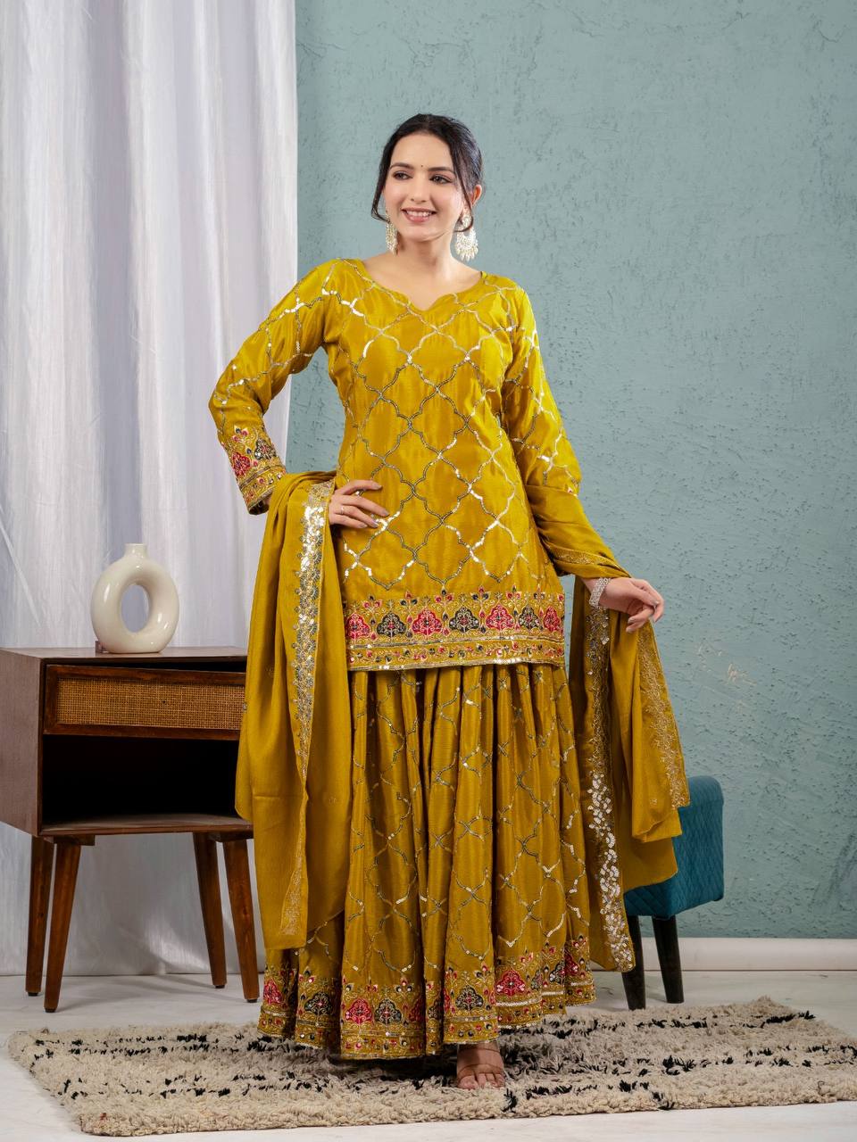 Launching new design party wear look top sharara plazzo and dupatta