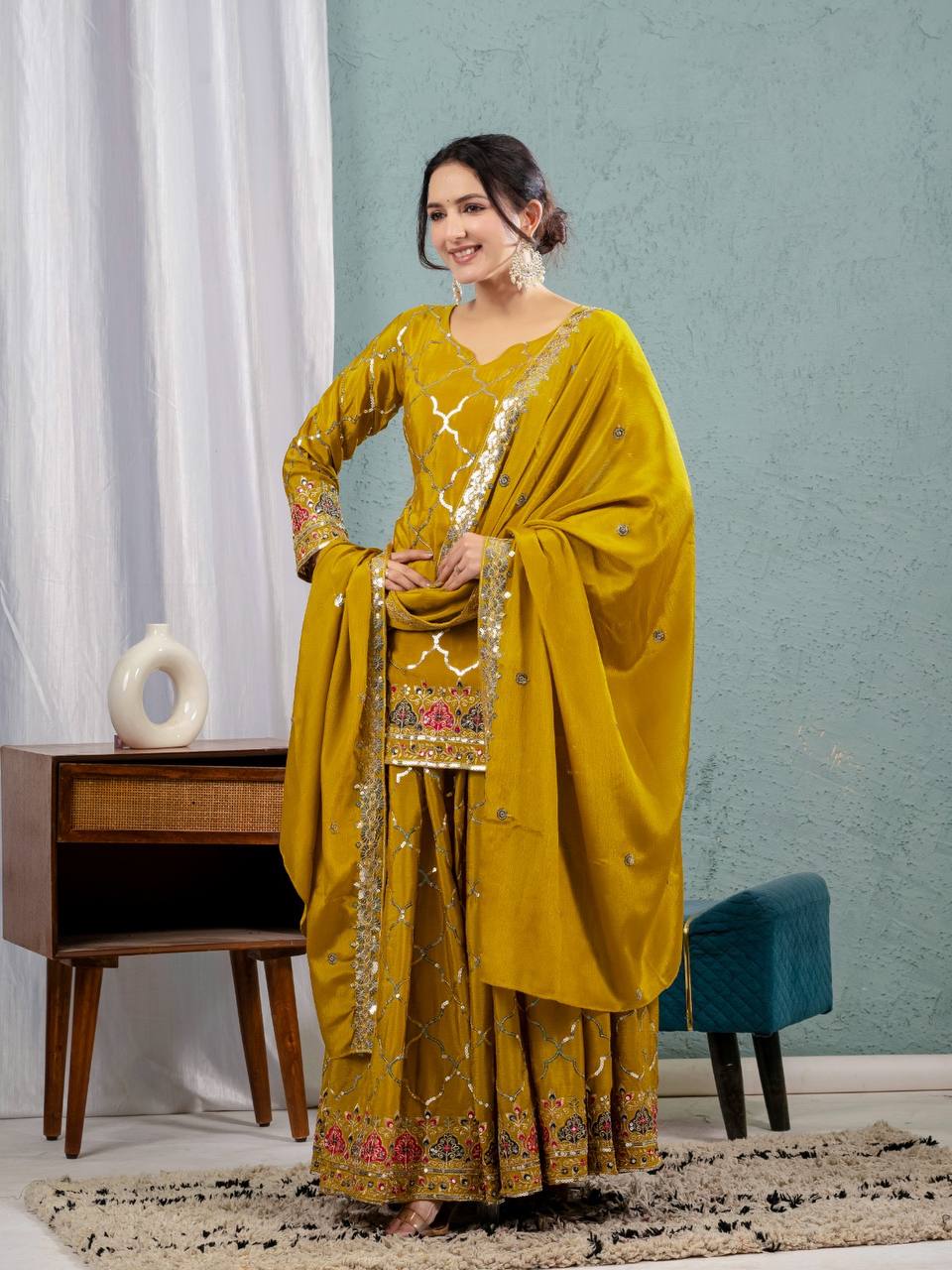 Launching new design party wear look top sharara plazzo and dupatta