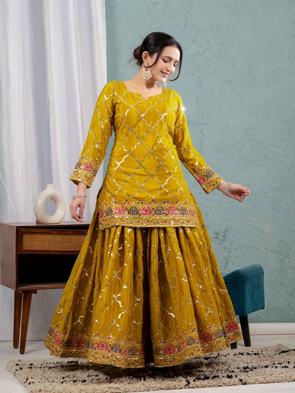 Launching new design party wear look top sharara plazzo and dupatta