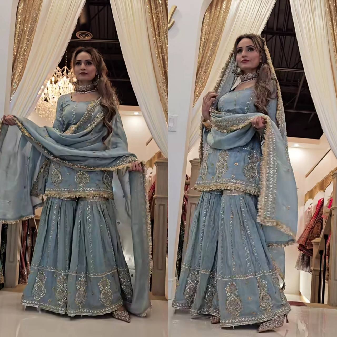 Luxurious sky outfit with sky accents and floral embroidery