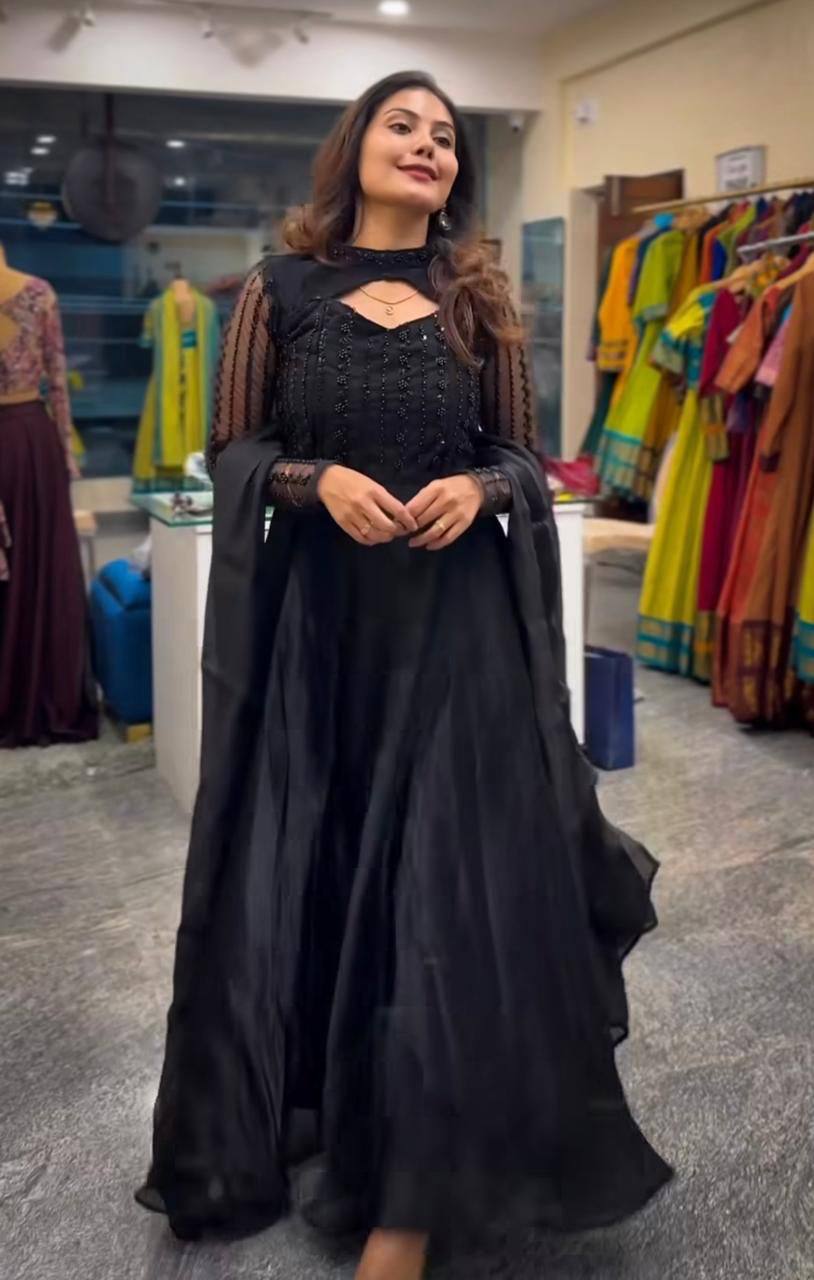 "Chic Full-Length Gowns with Sheer Sleeves and Elegant Embroidery"